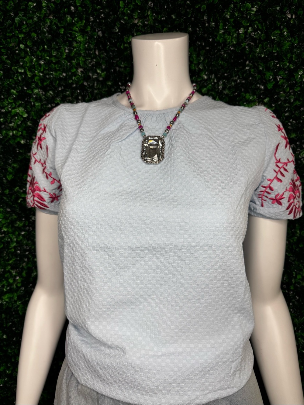 Light Blue Textured Short Sleeve Top with Pink Embroidered Sleeves